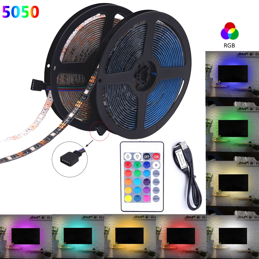

5V USB LED Strip Light RGB 5050 Waterproof Flexible Led Lamp Tape TV Backlights Color Changing with 24Key Remote Controller