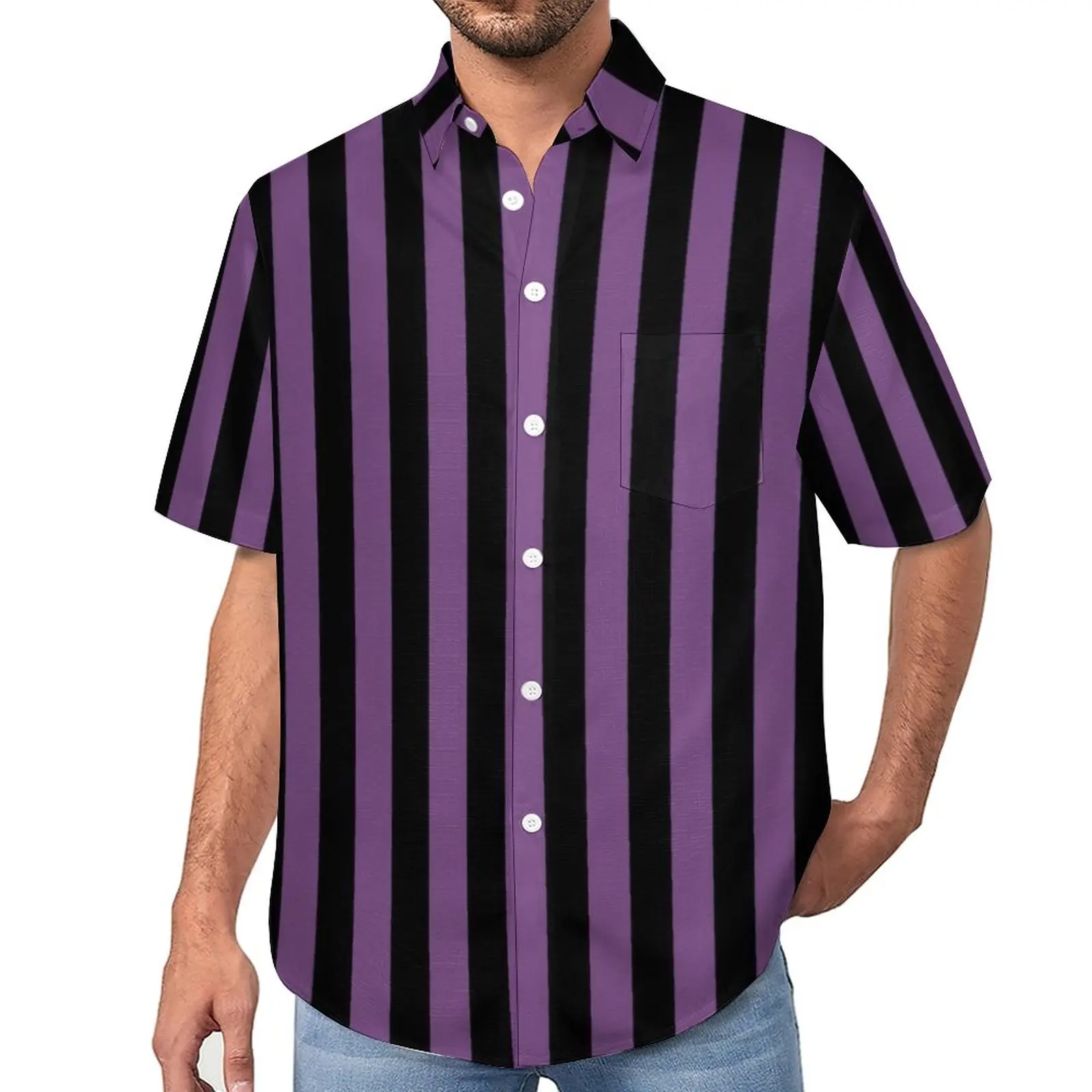 

Black And Purple Line Loose Shirt Vacation Vertical Stripe Print Casual Shirts Hawaiian Short Sleeve Stylish Oversize Blouses