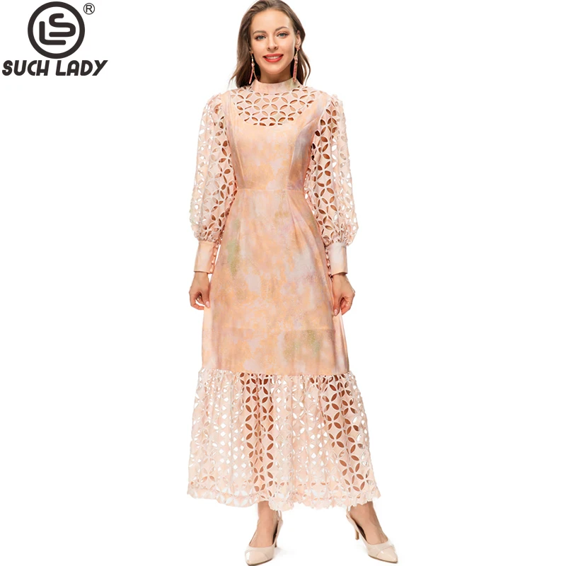 

Женские модельные платья с круглым вырезом и длинными рукавами-фонариками, ажурное модное дизайнерское платье Макси