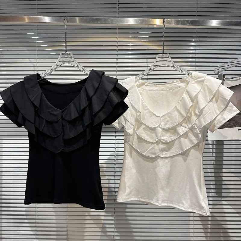 

Футболка BORVEMAYS женская с оборками и V-образным вырезом, однотонный элегантный облегающий топ с коротким рукавом, WZ1277, лето 2023