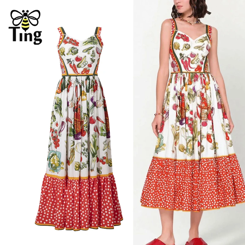 Тингфлай показывает модные эстетические летние платья с цветочным принтом на ленточках, средней длины силуэта A-линии для вечеринок, платья-скейтера, солнцезащитные летние платья, длинные робы