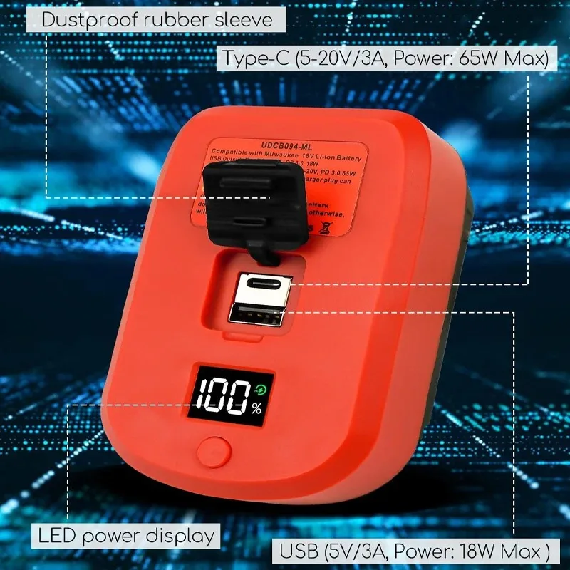 Фото Зарядное устройство HAKSINKY 65W USB, совместимое с литий-ионными аккумуляторами Milwaukee 18V, портативное зарядное устройство с портами USB/Type-C №3