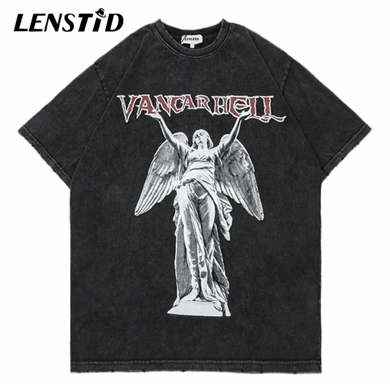 

LENSTID Summer Men Washed Oversize Short Sleeve Tshirts Hip Hop Angel Letter Print Streetwear Harajuku Casual Cotton Tees Shirts