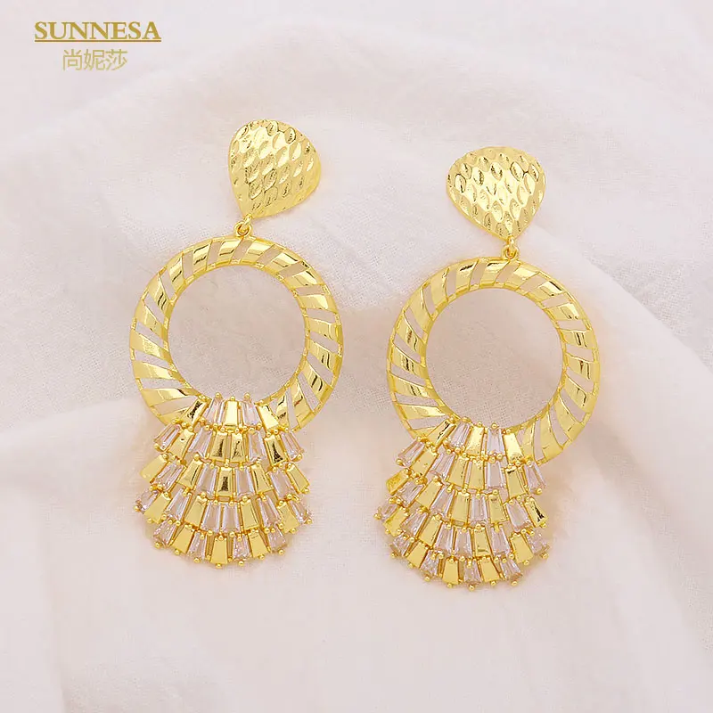 

SUNNESA 18k Gold Plated White Zircon Luxury Dubai Drop Earrings Fashion African Banquet Jewelry for Women Rhinestone Earrings