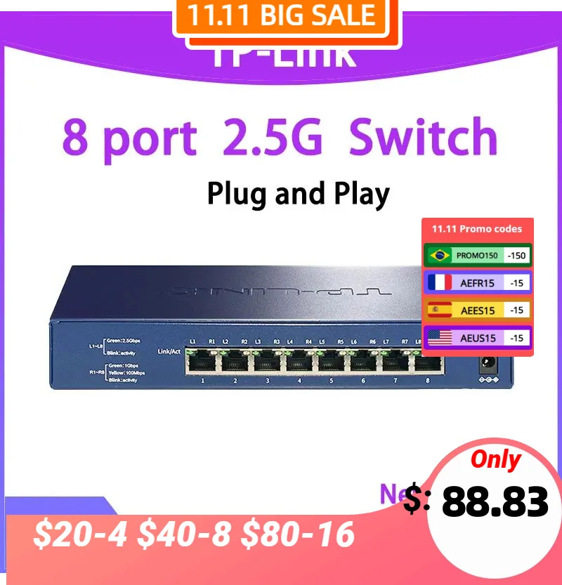 

Tp-link TL-SH1008 Network Switch 2.5g Ethernet 8-port 2500mbps RJ45 Internet Hub Lan Ethernet NAS Networking Diverter Splitter