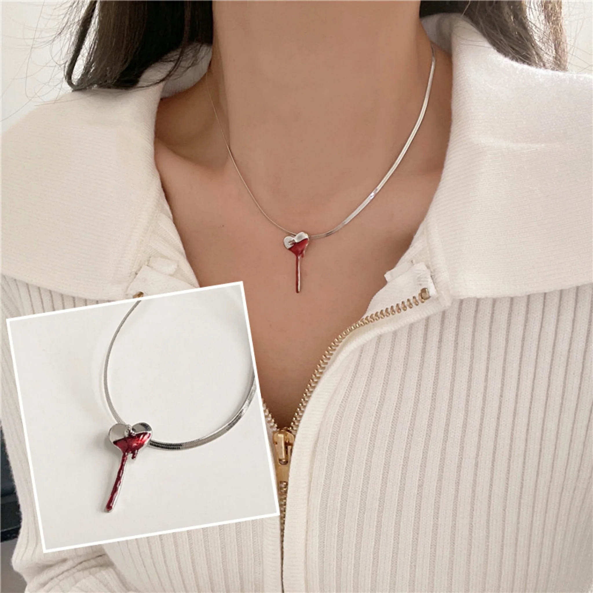 

Punk Broken Heart Individuality Love Pendant Necklace For Female Snake Bone Chain Fashion Versatile High-grade Alloy