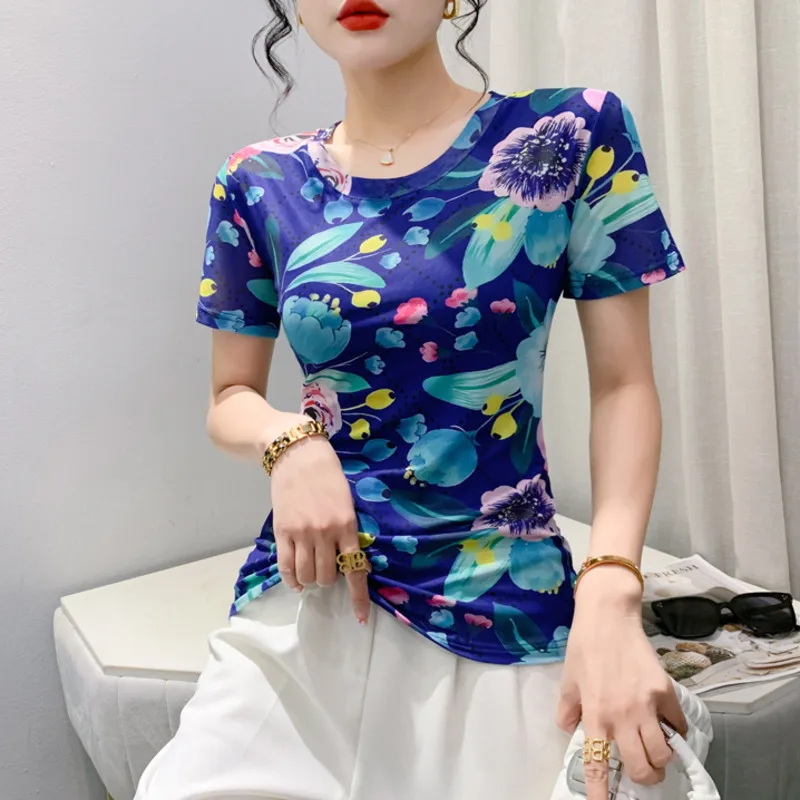 # 5436 летняя сетчатая футболка с цветочным принтом женские винтажные футболки