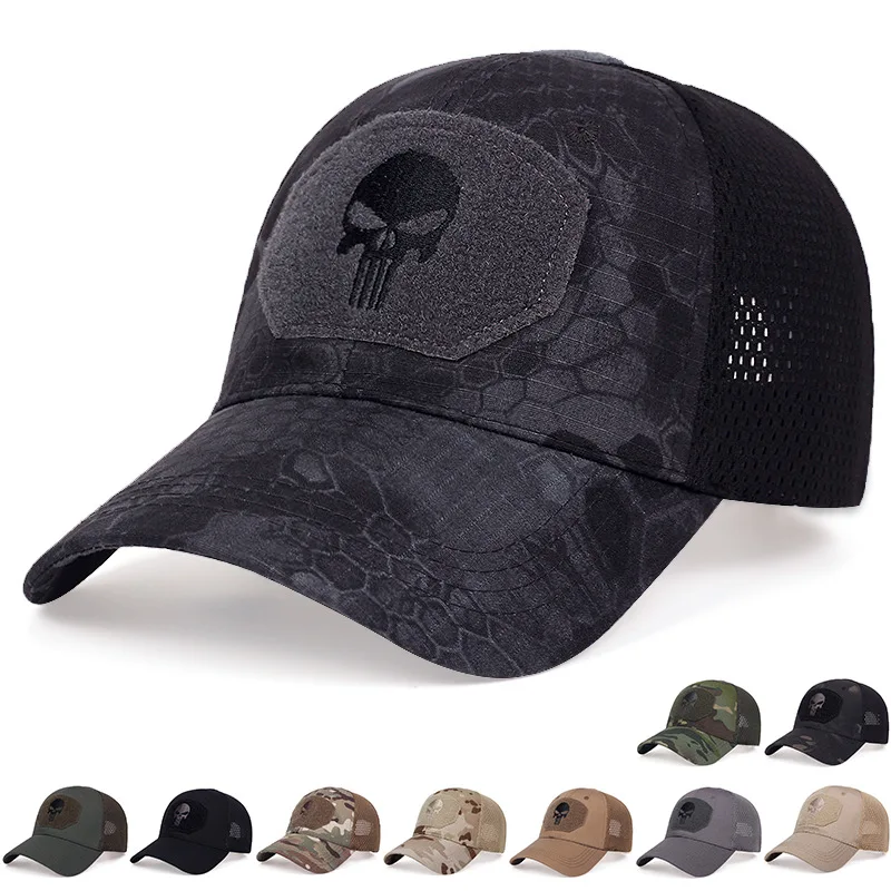 Men's Skull Tactical Baseball Caps for Women Camouflage Military Breathable Mesh Snapback Caps Mountaineering Trucker Sun Hats