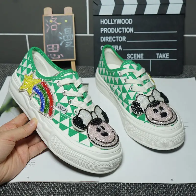 

Low-top canvas shoes women's heavy industry rhinestone stars rainbow flat sports casual shoes walking comfortable 35-40