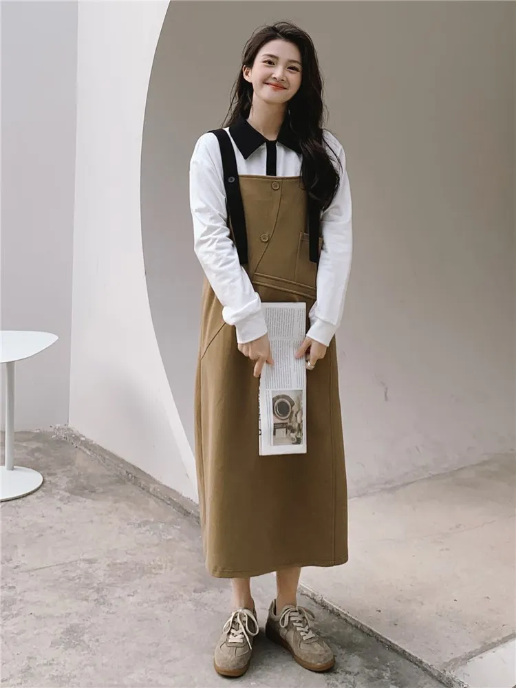 

Khaki Strap Dress for Women 2022 Spring Summer Elegant Vintage Loose Casual Long Suspenders Dresses Female 2217