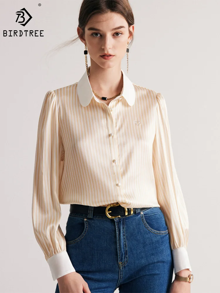 

Женская рубашка в полоску из натурального шелка тутового дерева, 90% шелка, 10% спандекса, однобортная блузка, 2023, весна-лето, T36735QM