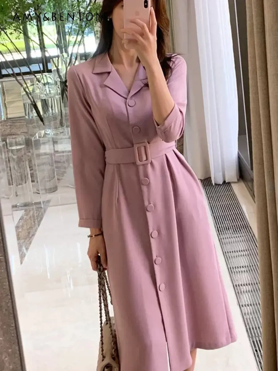 

Женское длинное платье-ветровка средней длины, розовое элегантное модное платье с длинным рукавом для работы в офисе, весна-осень