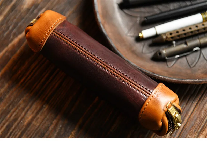 Simple vintage high quality natural genuine leather men women trumpet clutch bag pen bag luxury real cowhide ladies cosmetic bag