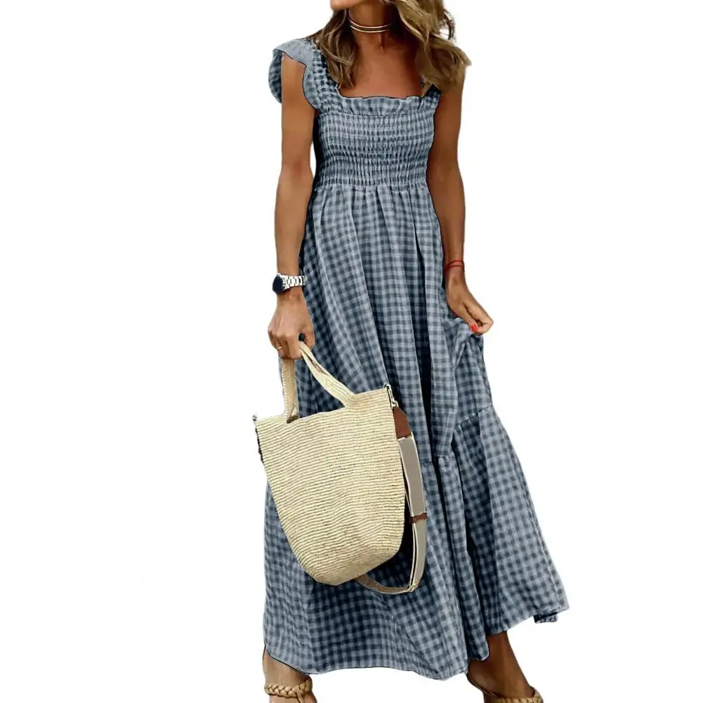 

Women Vestidos Square Collar Sleeveless Ruffle Trim Summer Dress Plaid Print Stitching Large Hem Sling Maxi Dress Streetwear