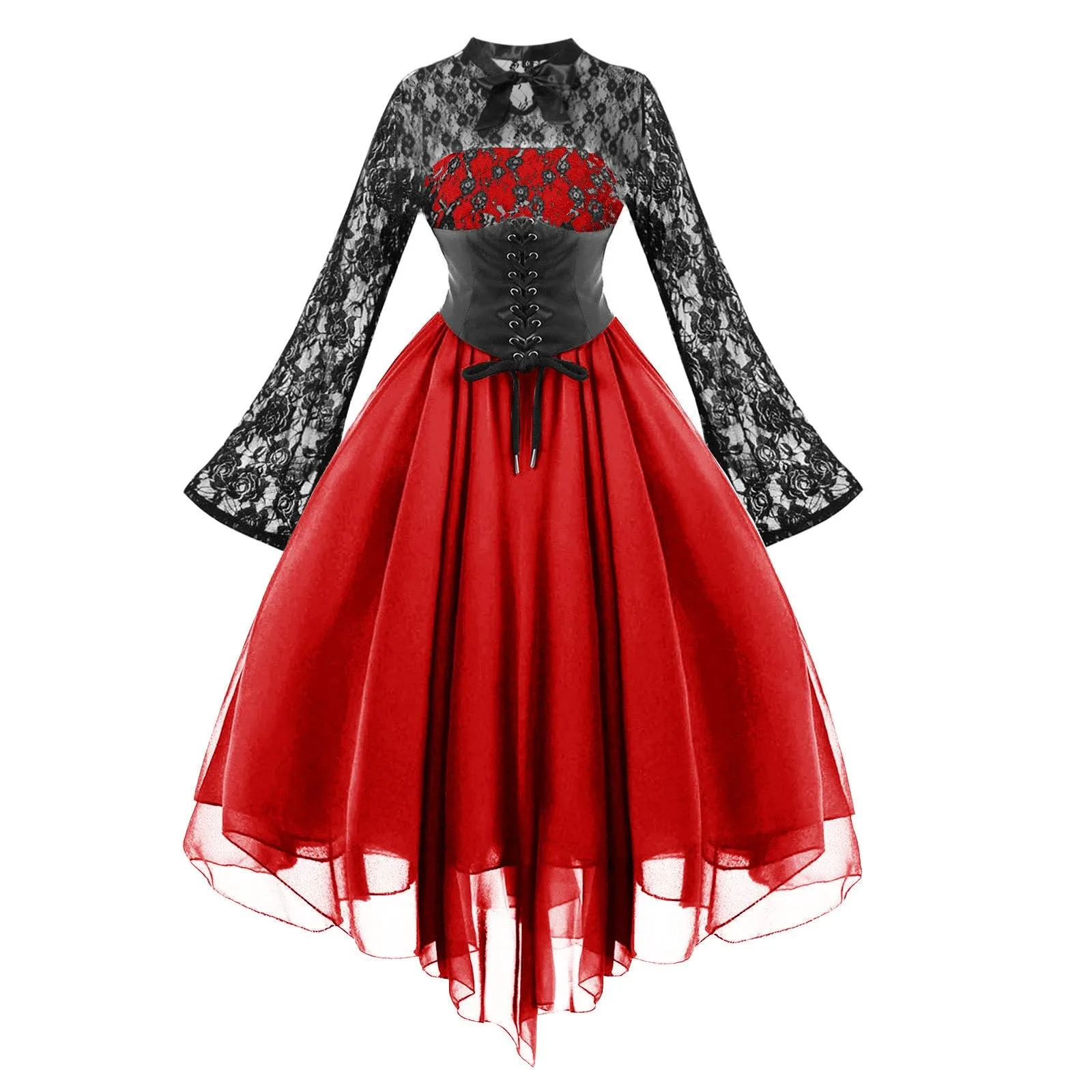 

Halloween Party Long Dress Red High Waist Flared Sleeve Lace Cutout Gothic Maxi Dress Street Aesthetic Clubwear Maxi Dress