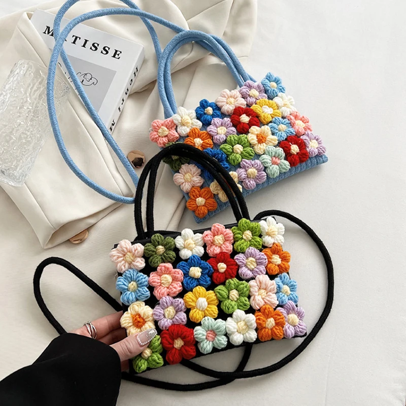 

Flowers Woven Handbag Women's New Floral Knitting Shoulder Messenger Bag Cute Puff Flower Crochet Straw Bag Women