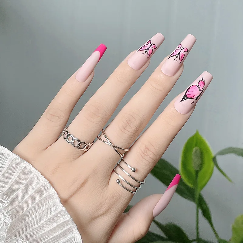 

Ногти розово-красные для французского дизайна ногтей розовые бабочки матовые Длинные накладные ногти съемные Готовые накладные ногти с клеем