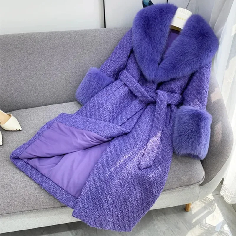 2022 Winter New Imported Fox Fur Collar Whole Fur Coat Women's Mid-Length Woolen Waist Thickening Temperament Coats Female