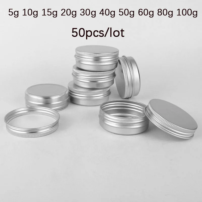 

50pcs Silver Aluminum Tin Jars Boxes Candle Jars Portable Tea Cans Sample Container Cosmetic Pots With Screw Cap For Lip Balm