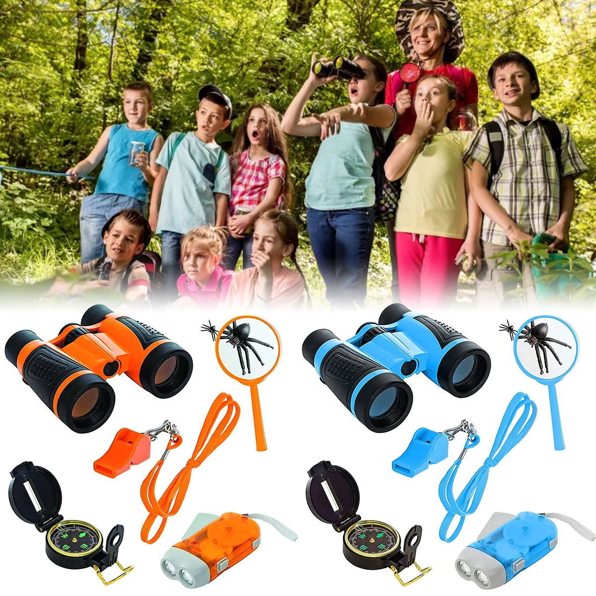 

6pcs Kids Outdoor Exploration Set Adventure Pack with Binoculars Flashlight Compass Magnifier Whistle Fun Educational Toys Gift