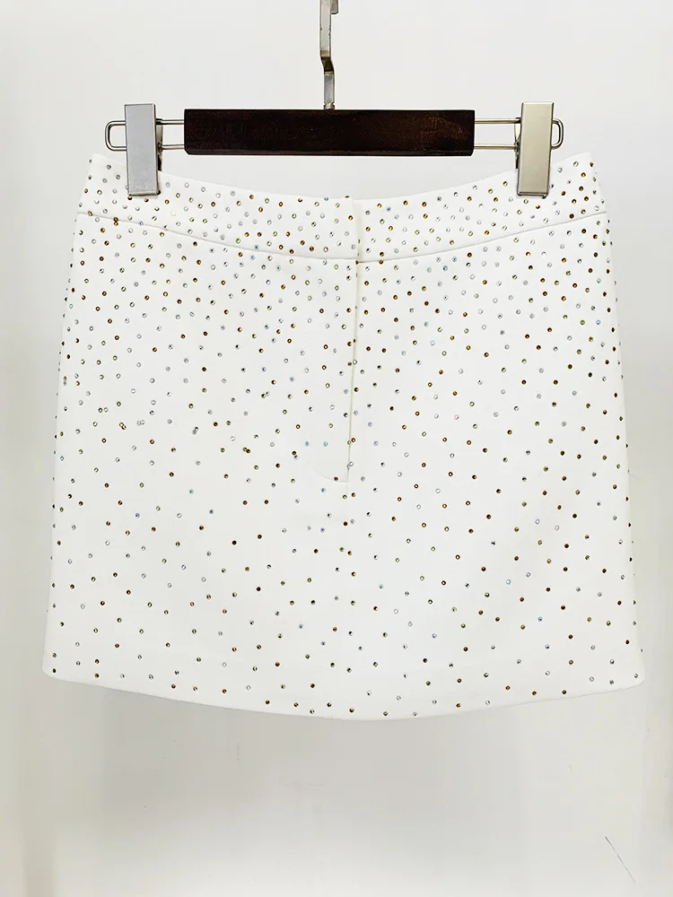 Luxury Women Blazer Dresses Set 2023 New White Hot Diamond Crystal Coat Blazer Skirt Suit Lady Work Business Formal 2 Pieces Set