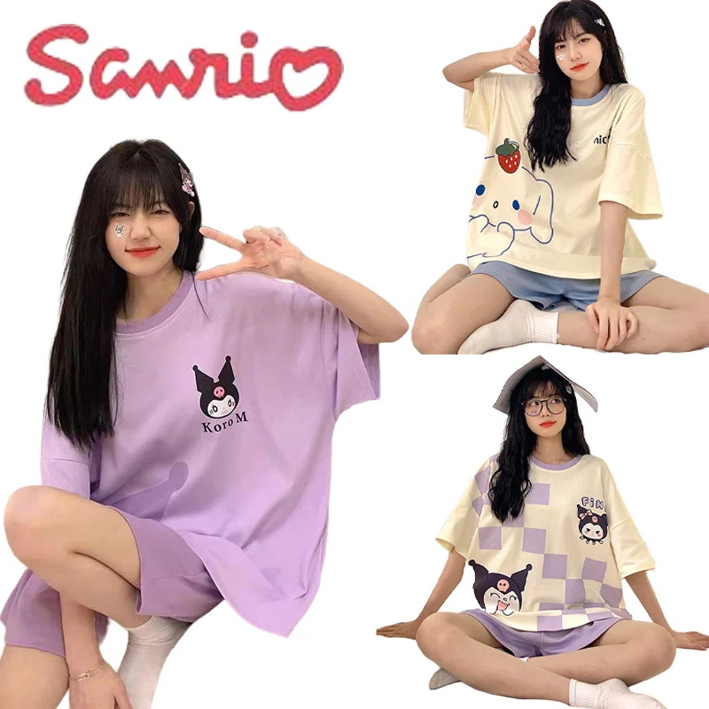 

Пижамный комплект Sanrios Kuromi Cinnamoroll, летние милые Мультяшные шорты с коротким рукавом, милая Домашняя одежда, 2 шт.