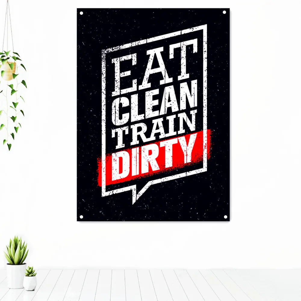 

EAT CLEAN TRAIN DIRTY. Workout Inspirational Quotes Tapestry Motivational Letter Wall Art Posters Banners Flag Mural Gym Decor 2