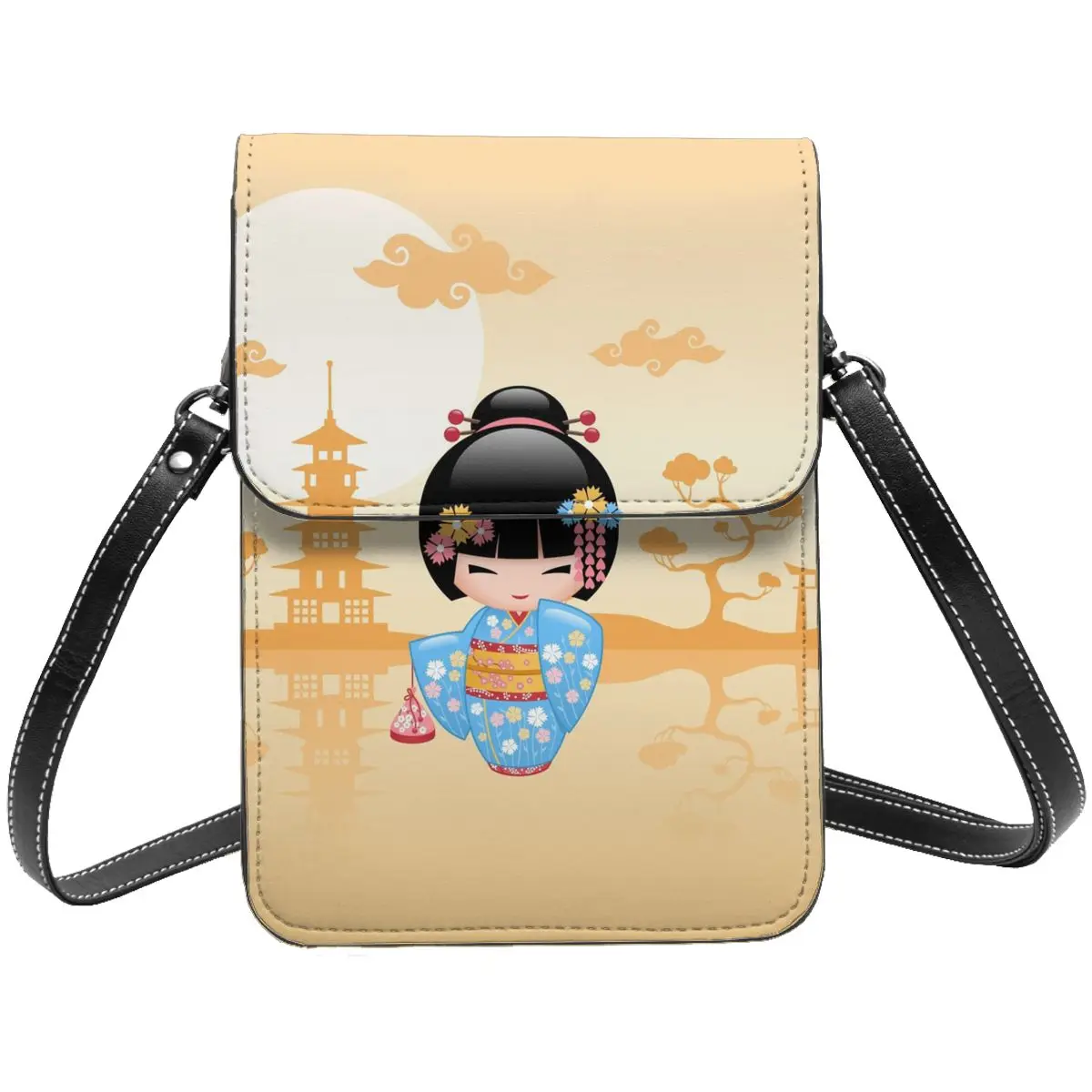 

Japanese Maiko Kokeshi Doll Leather Cell Phone Purse Merch Modern Girl Crossbody Bag Card Holder Portable
