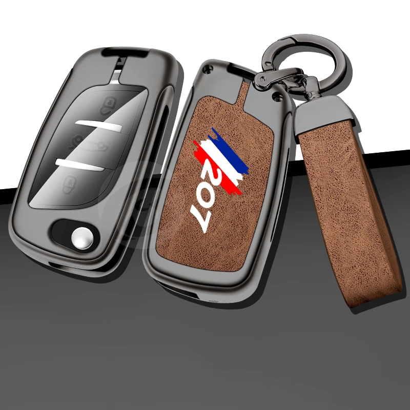 

Leather Zinc Alloy Car Keychain Key Fob For Peugeot 207 Logo Holder Keyless Case Cover Protector Keyring Accessories