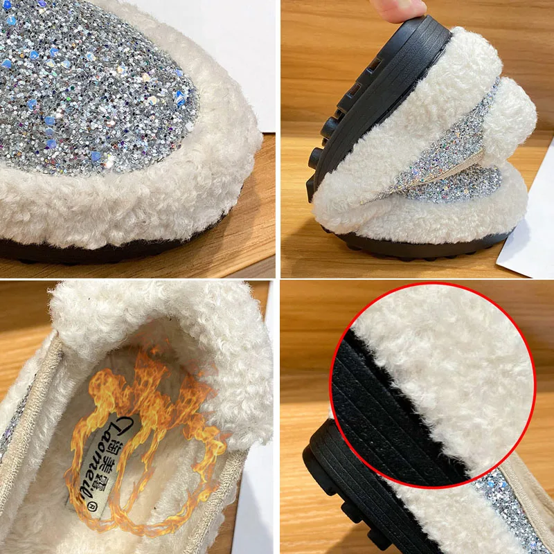 Winter Cotton Shoes Bling Sequins Lambswool Women Loafers Warm Plush Comfy Curly Sheep Fur Flats Mocasines Mujer