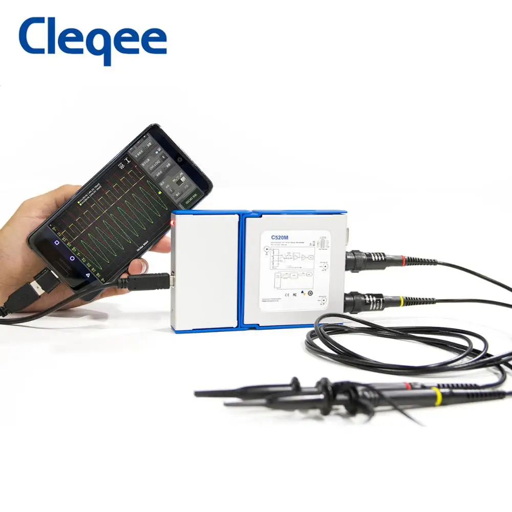 

Cleqee-2 C520M Bandwidth 20Mhz Sampling data 50M with probe USB cable 2 Channel PC Android Virtual Handheld Oscilloscope