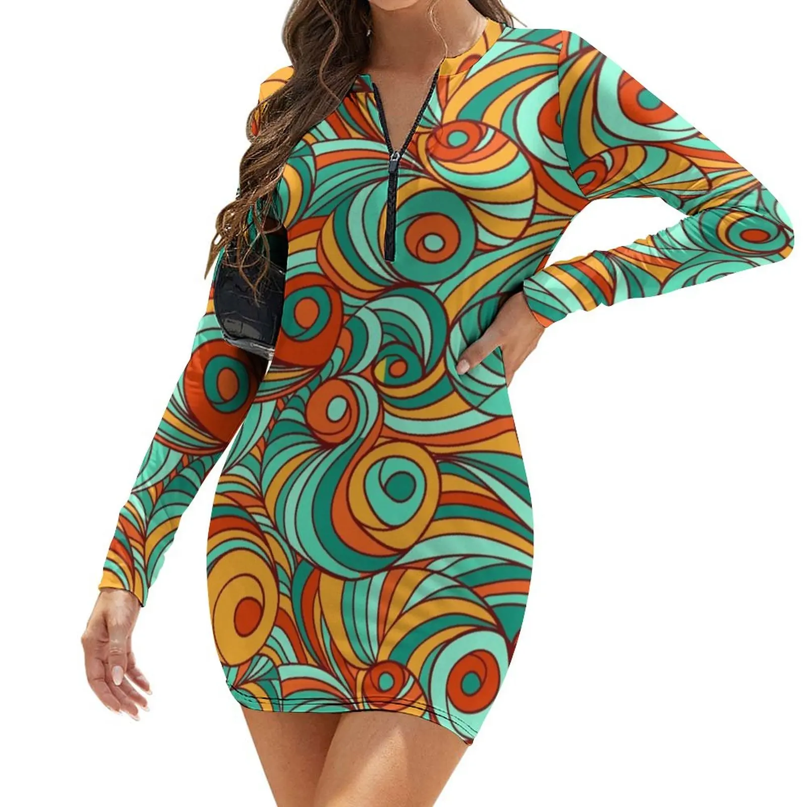 

Swirling Retro 70S Dress Long Sleeve Abstract Lines Print Modern Dresses Women Streetwear Stylish Bodycon Dress Big Size 2XL