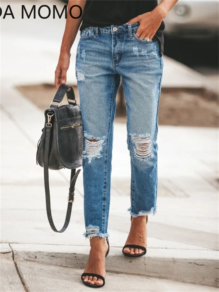 

Женские рваные джинсы 2023, корейские модные брюки-карандаш в стиле бойфренда с дырками, женские джинсовые эластичные брюки для дам