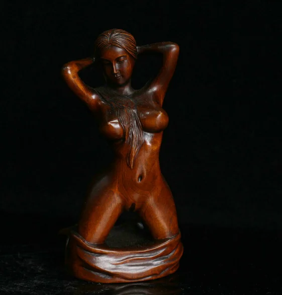 Old Chinese Boxwood Wood Hand Carving Art Nude Beauty Belle Statue Sculpture