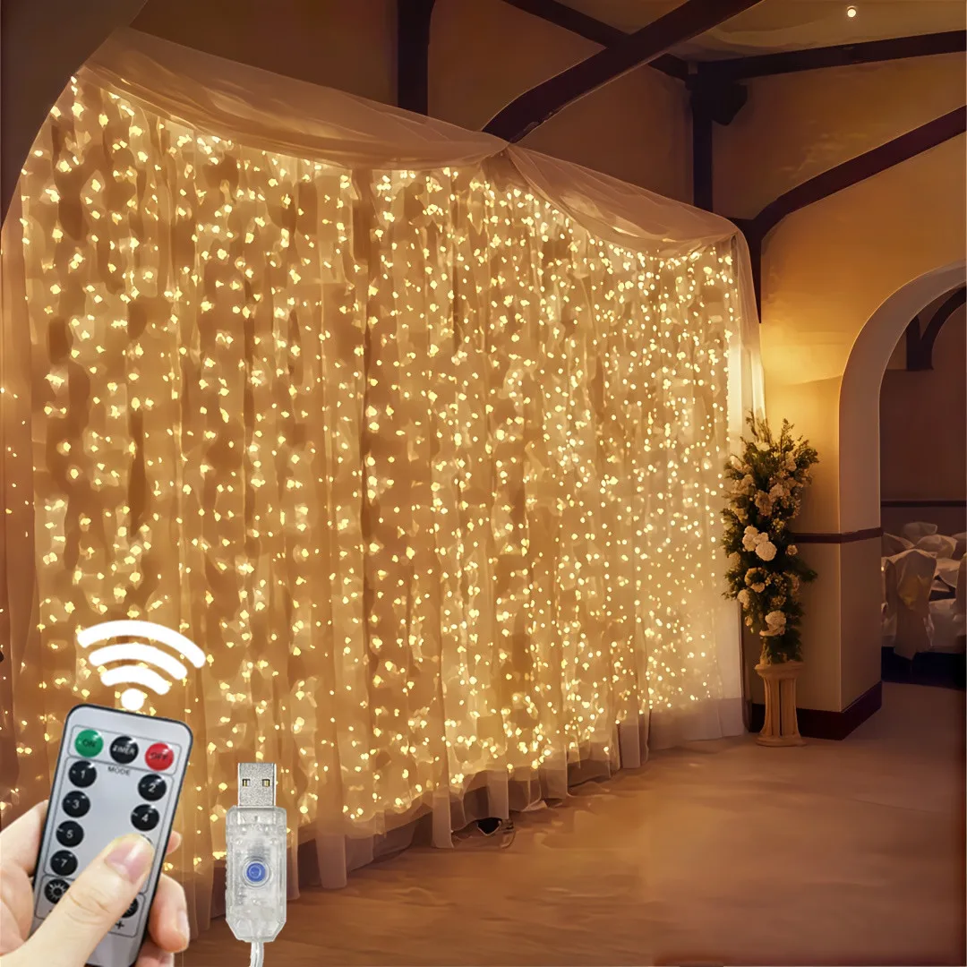 

Светодиодная гирлянда-штора 6 м 8 режимов USB теплый белый