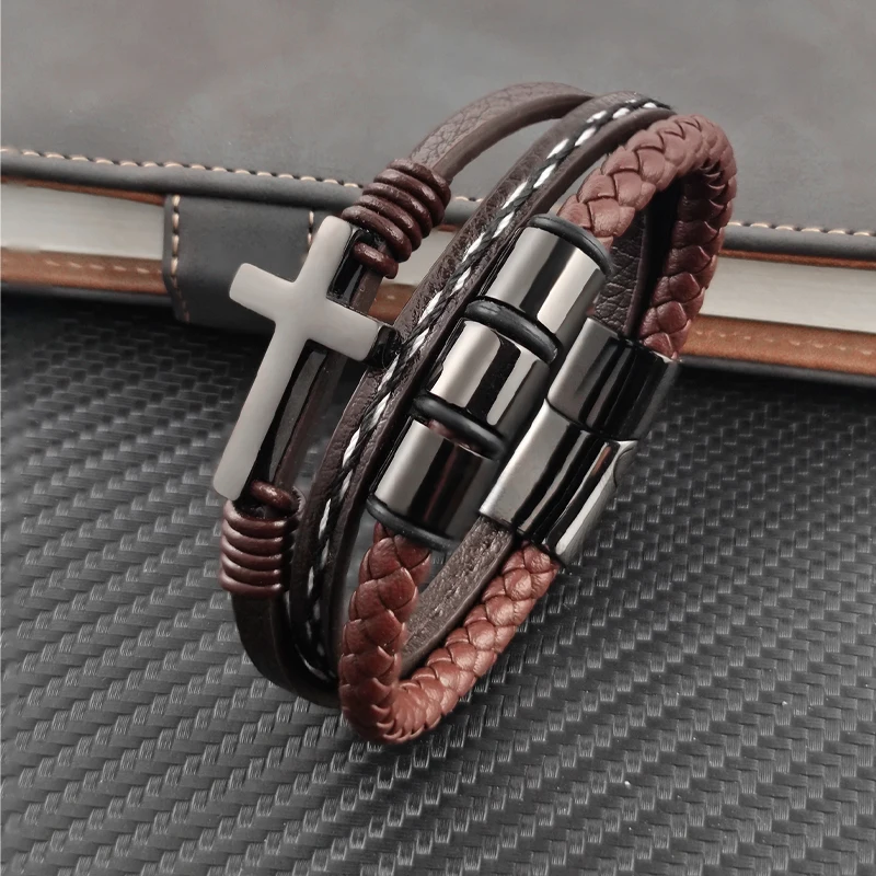 

2022 Роскошный Многоцветный крестообразный классический мужской кожаный браслет из нержавеющей стали коричневого цвета на выбор красивые м...