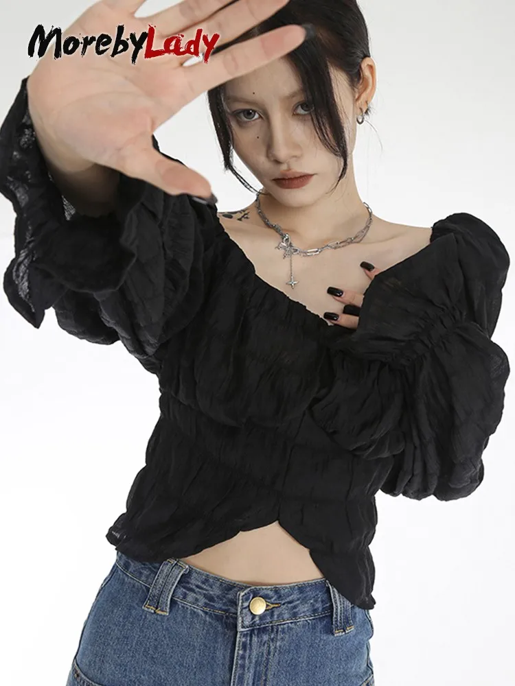 

Morebylady лепестковый рукав квадратный воротник блузка для женщин элегантный корейский стиль необычный кроп-топ шифоновая рубашка с длинным рукавом черный белый