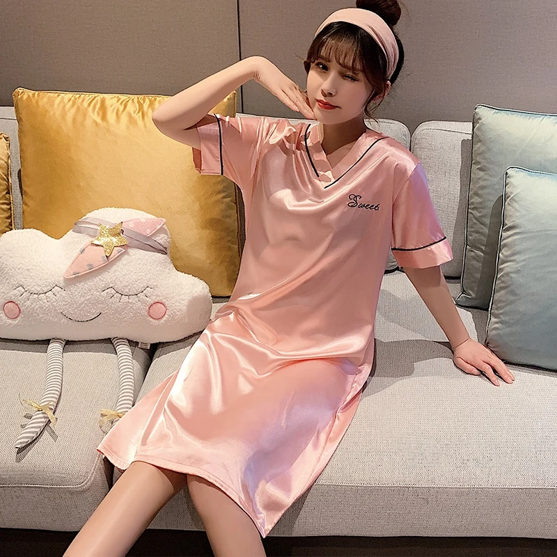 2022 Summer Plus Size Short Sleeve Sexy V-neck Silk Satin Nightgowns for Women Cute Sleepwear Nightdress Night Dress Home Nighty