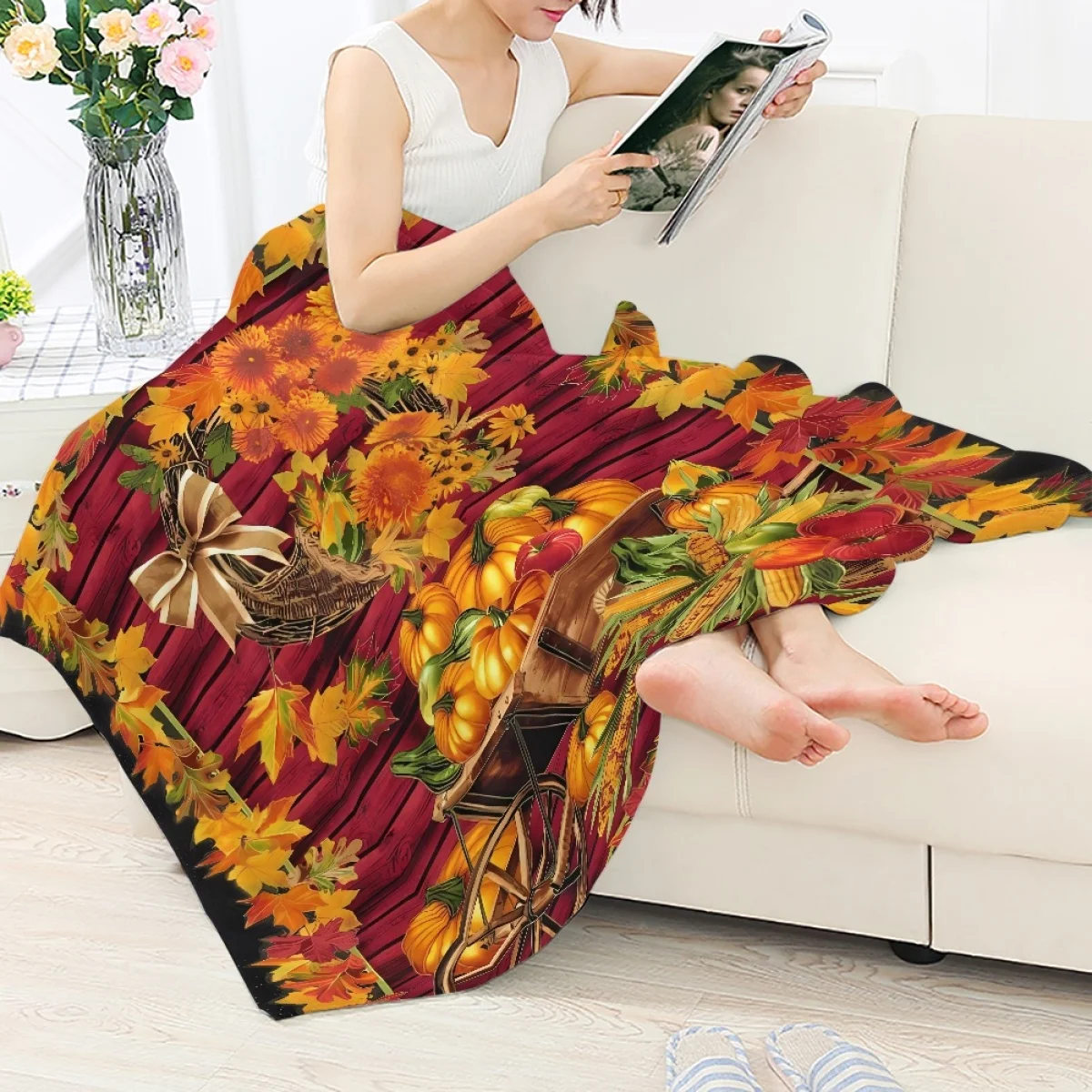 

TOADDMOS Thanksgiving Gift Autumn Pumpkin Leaf Harvest Design Blankets Plush Comfort Quilt for Bed Sofa Couch Throw Blankets New