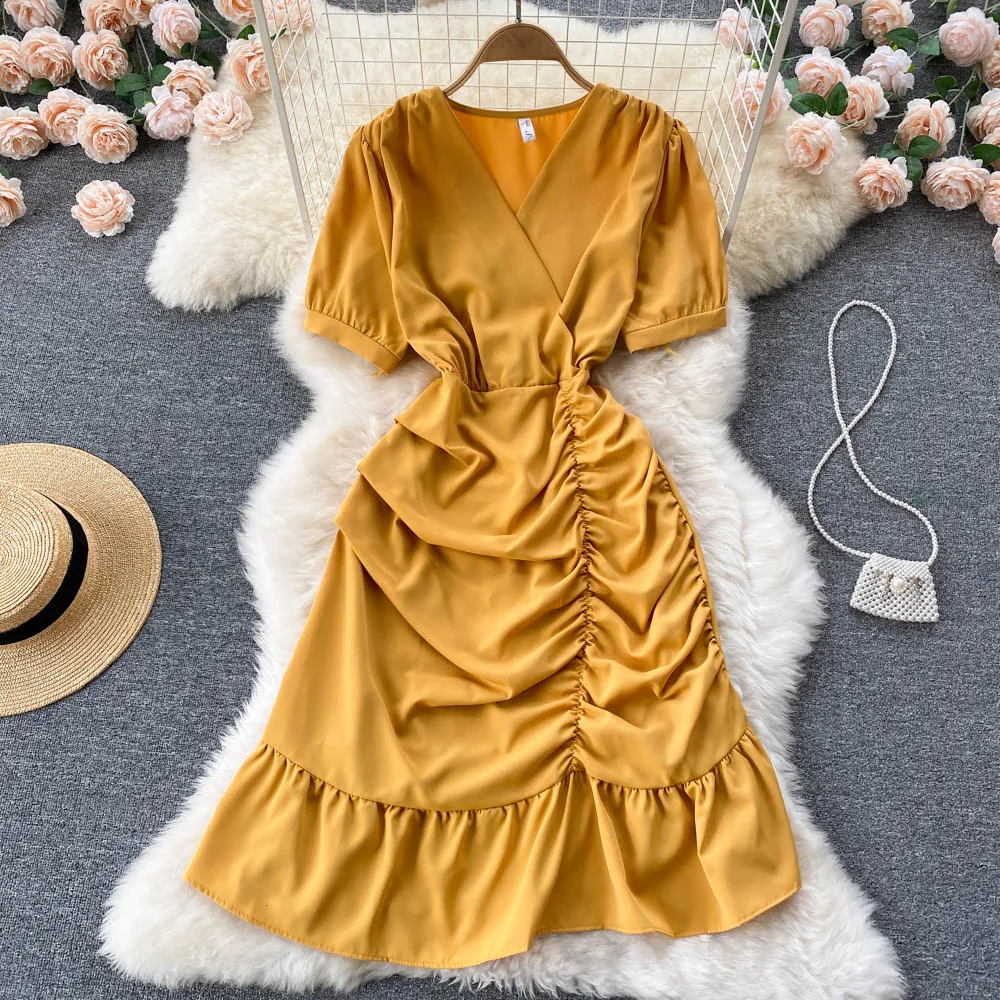 

Корейский стиль Модное платье с v-образным вырезом и коротким рукавом женское 2022 летнее Новое плиссированное платье миди для похудения