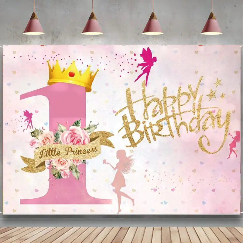 

1st Birthday Backdrops Photography Girl Sweet Pink Little Princess First Birthday Baby Happy Birthday Party Banner Background