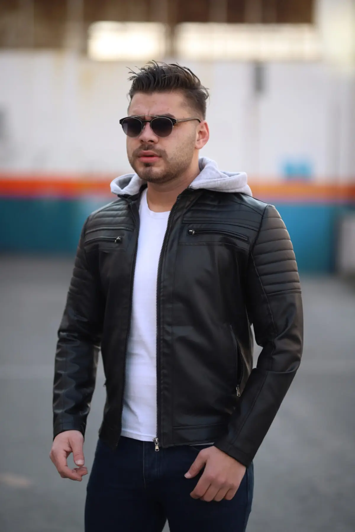 Men's Black Slim Fit Hooded Leather Jacket Coat