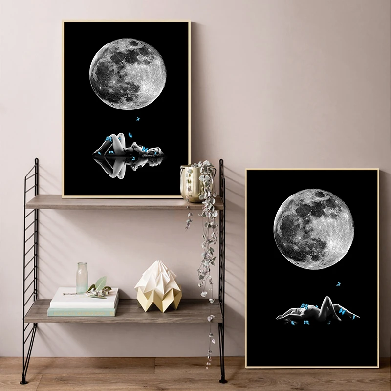 

Nude Girl Under the Moon Blue Butterfly Wall Art Canvas Painting Nordic Aesthetic Poster and Printed Wall Pictures for Living R