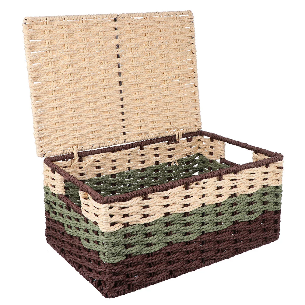 

Hand Woven Storage Basket with Lid Cover Sundries Storage Basket Cosmetics Shelf Baskets Desktop Bin Organizer