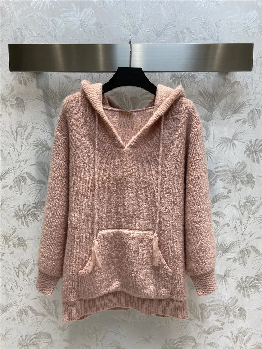 

Fashion Designer Sweater for Women 56% Alpaca Pink Hooded Knitted Pullover
