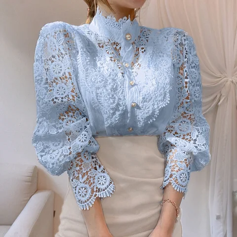Elegant Lace Embroidery Women Blouse Petal Sleeve Hollow Out Solid Button Stand Collar Shirt Femme Plus Size Spring Blusa Tunic