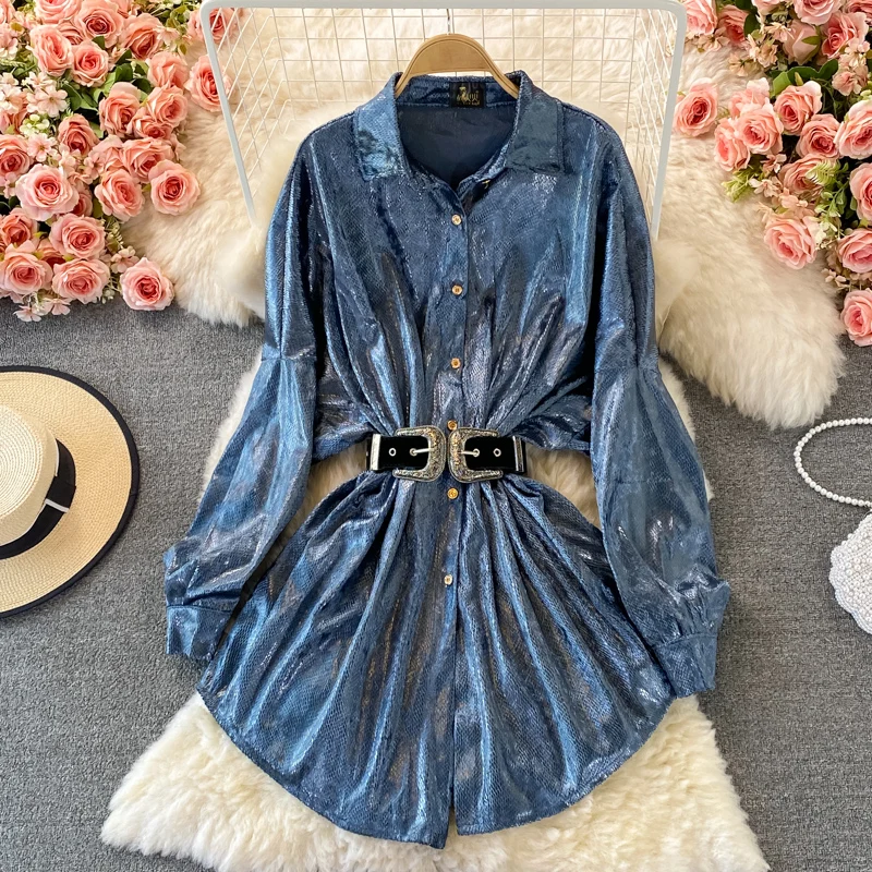 

Women's Retro Skirt Spring and Autumn Temperament Lapel Chic Button A-line Dress Korean Casual Puff Sleeve Drawstring Dress