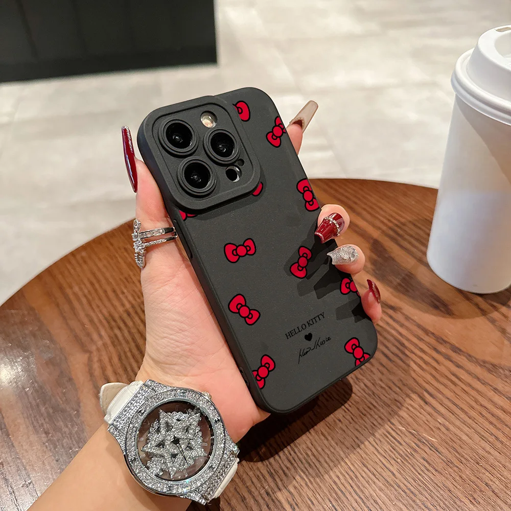 Cute Hello Kitty Bows Pupil Full Screen Phone Case For iPhone 16 15 14 13 12 11 X XR Xs SE2 SE 8 7 Plus Pro Max Mini Silicone