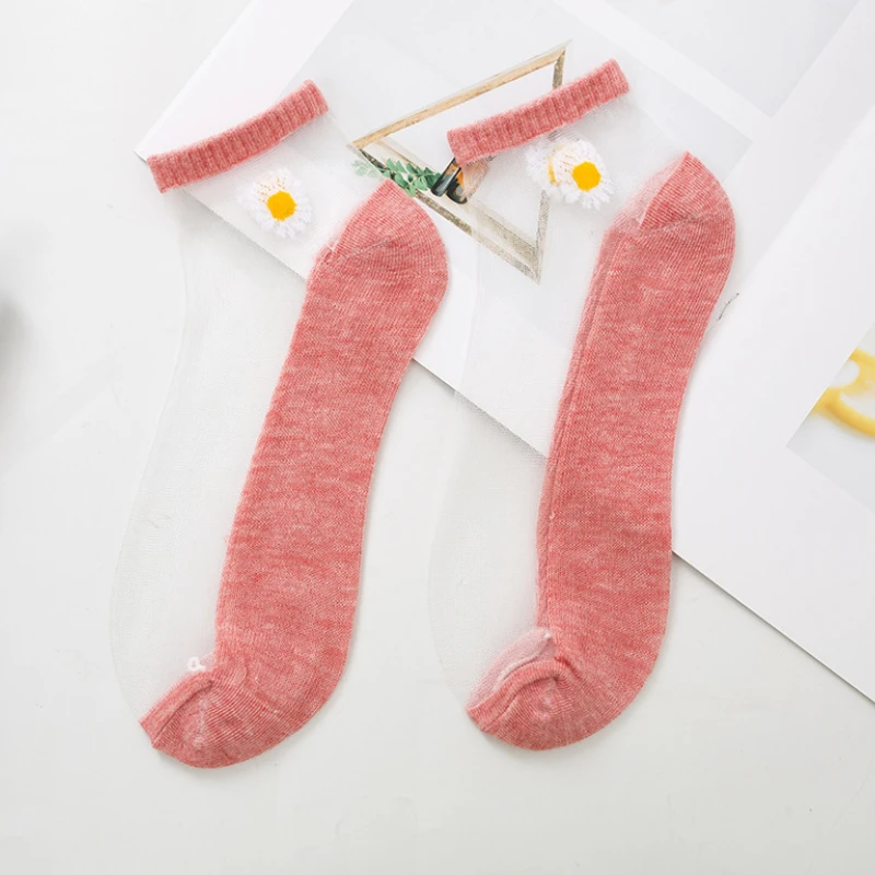 10Pairs/Lot Summer Woman Silk Socks Ankle Lace Ultra-thin Girl’s Transparent Glass Fiber Fashion Daisy Flower Cute Style