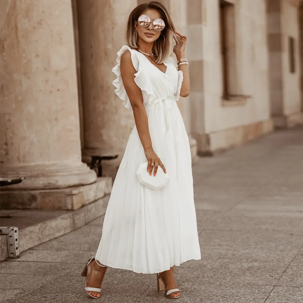 

Women Temperament Long Dress Solid Color Ruffle Sleeve V Neck Pleated Chiffon Dresses with Waist Belt